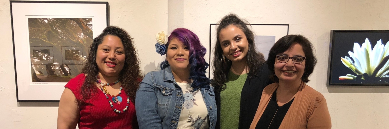 Group photo of readers from Fresno Women Read at Rogue Festival 2018: Aideed Medina, Natalie Rangel, Maya Vannini, and Samina Najmi