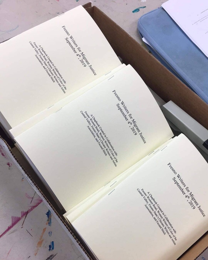 Image of box of chapbook copies available at event, created by the Chicanx Writers and Artists Association at Fresno State
